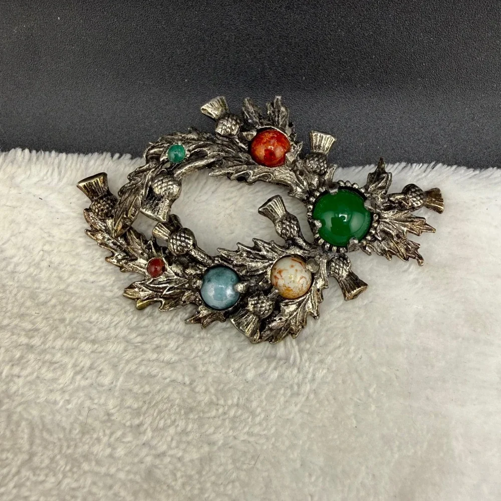 Vintage Jacobite Brooch Silver Tone Scottish Thistle Wreath Multicolor Stone